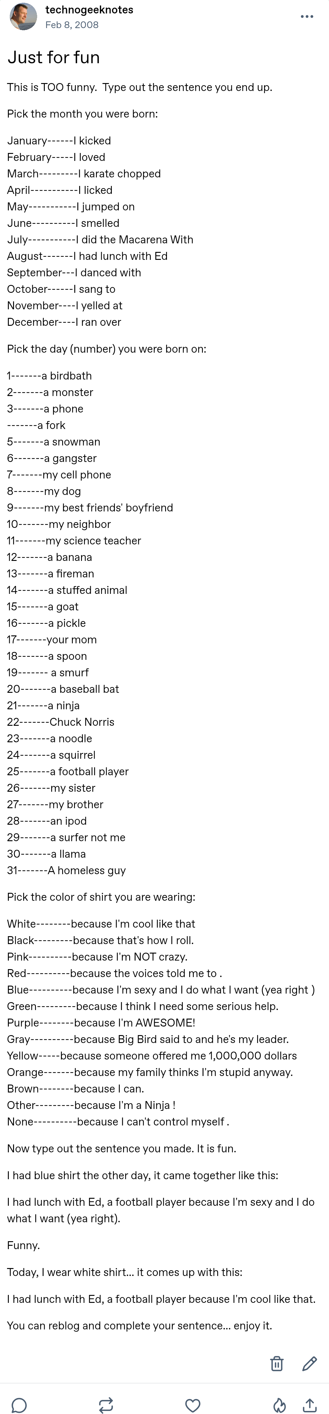Auto-generated description: A humorous game instructs people to create funny sentences by combining phrases based on their birth month, birth day, and shirt color.