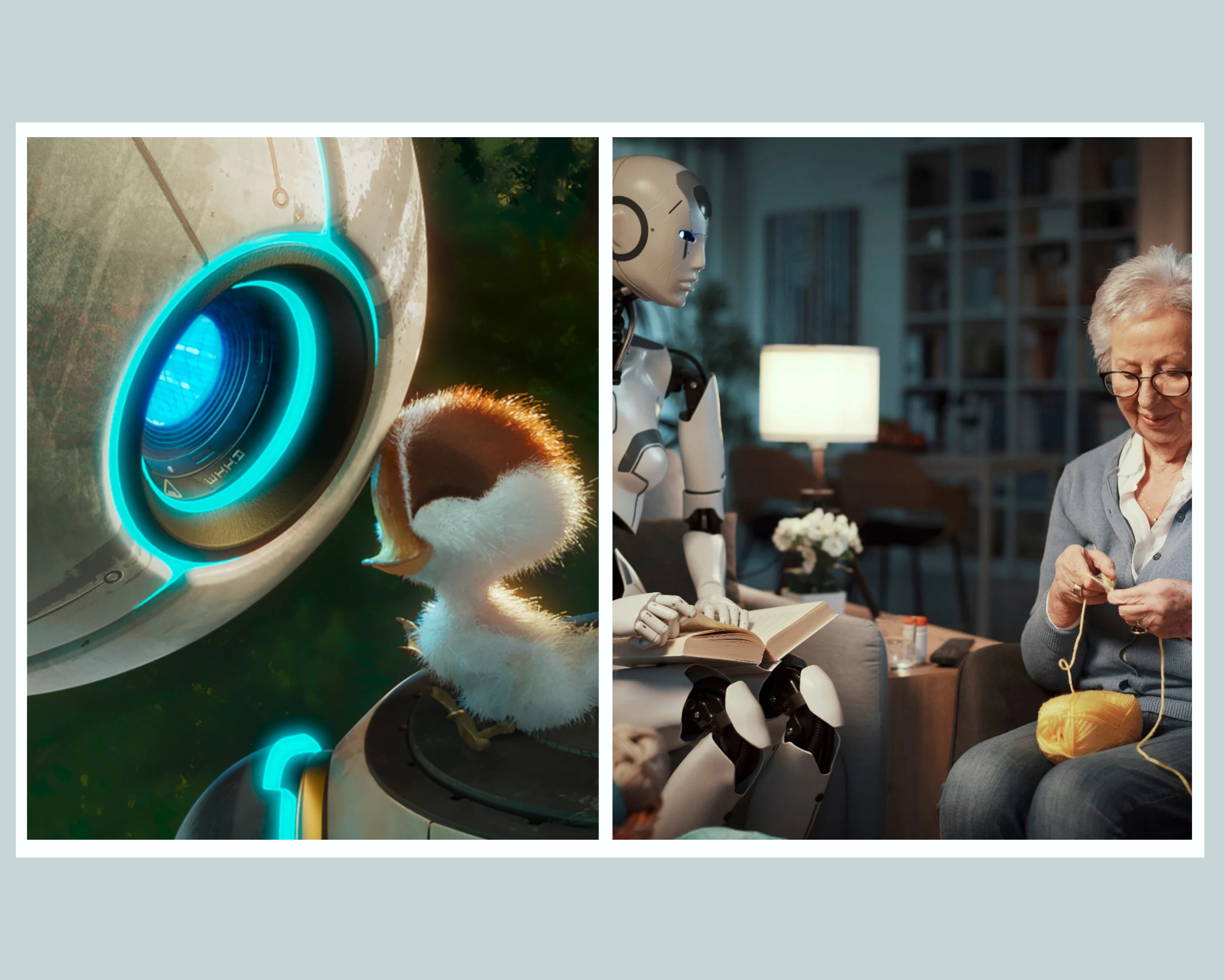 A futuristic scene shows a robot interacting with a small bird on the left, while another robot sits beside an elderly woman knitting in a cozy room on the right.
